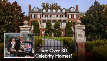 The image features a grand mansion with lush greenery in the background, an inset of two people holding plaques, and the text 