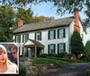 The image shows a large classic two-story house with a small inset picture of a woman with blonde hair in the bottom left corner