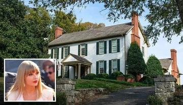 The image shows a large, classic two-story house with a small inset picture of a woman with blonde hair in the bottom left corner.
