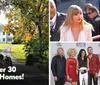 The image features a grand mansion with lush greenery in the background an inset of two people holding plaques and the text See Over 30 Celebrity Homes at the bottom