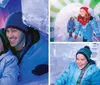 A child is joyfully sliding down a clear ice slide wearing winter clothes and a big smile