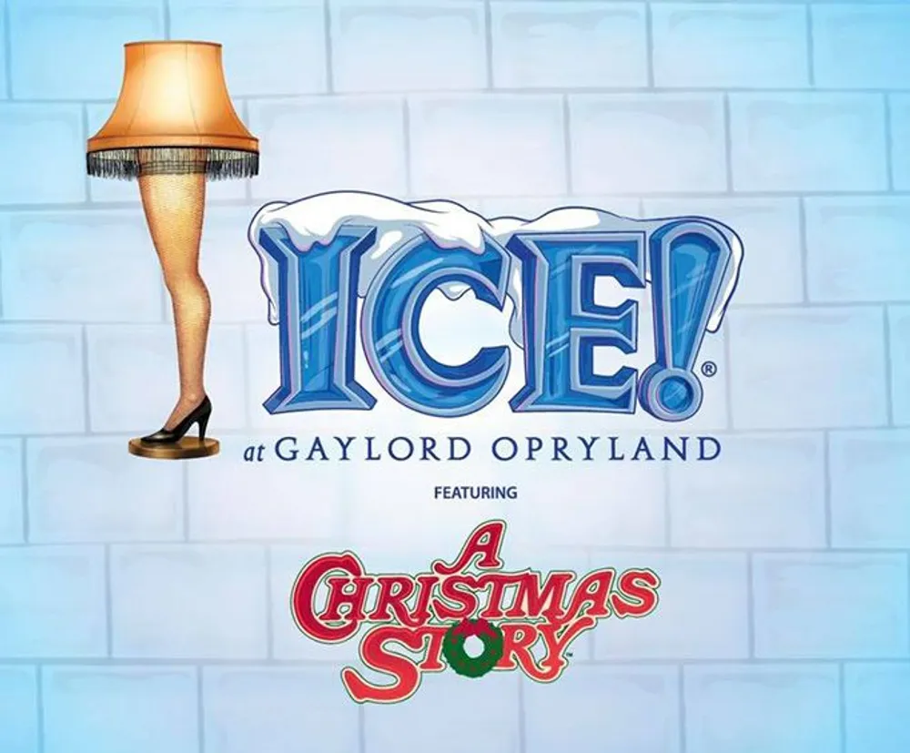The image is an advertisement for ICE at Gaylord Opryland featuring A Christmas Story with a distinctive leg lamp graphic