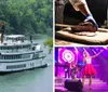 A paddle steamer is cruising along a river flanked by lush greenery