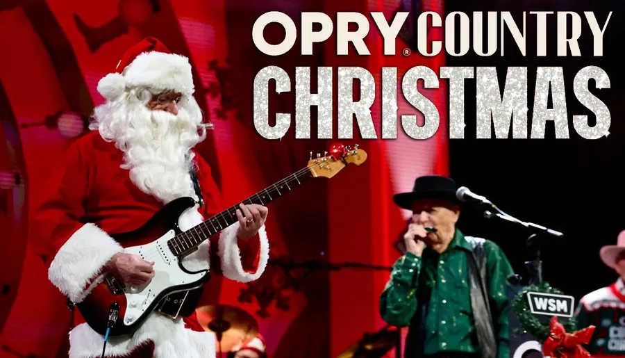 A person dressed as Santa Claus plays an electric guitar on stage during the Opry Country Christmas event.