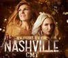 The image is a promotional poster for new episodes of the television show Nashville featuring two female characters against a sparkling golden backdrop