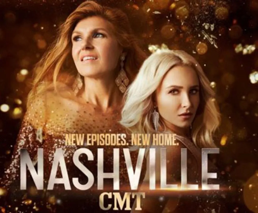 The image is a promotional poster for new episodes of the television show Nashville featuring two female characters against a sparkling golden backdrop