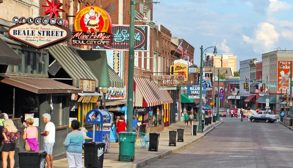 The image shows a vibrant street scene with multiple people walking colorful storefronts and bright signage likely in a historic downtown setting
