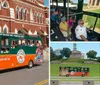 A green and orange trolley bus labeled Old Town Trolley Tours is carrying passengers on a hop-on hop-off tour in a city street