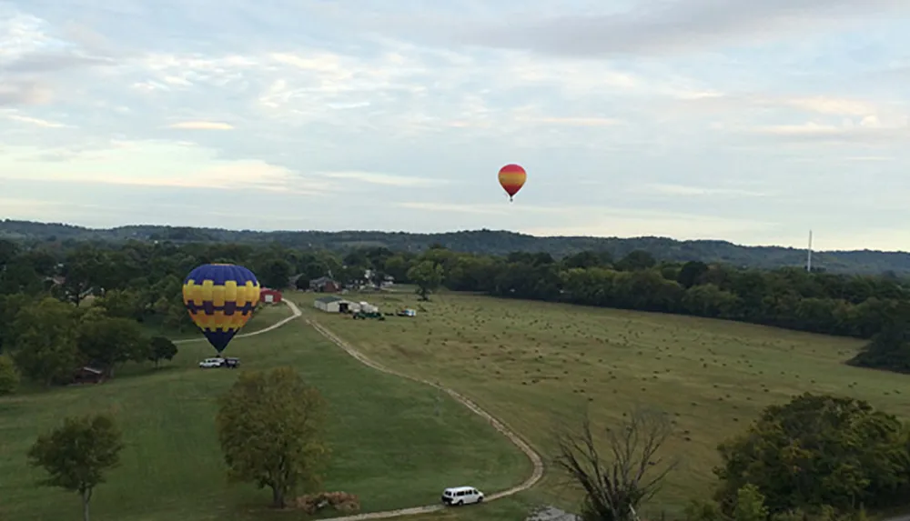 Two hot air balloons float above a rural landscape with scattered trees and a winding road