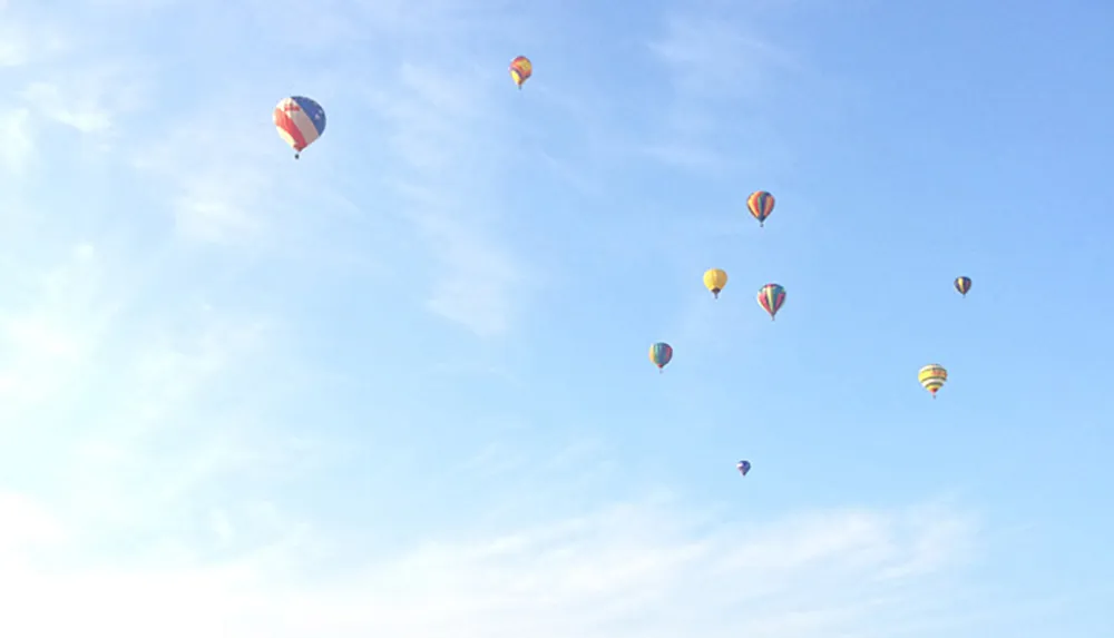 The image displays a clear blue sky dotted with multiple colorful hot air balloons at various altitudes