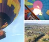 A colorful hot air balloon floats above a scenic landscape with fields trees and rolling hills under a partly cloudy sky