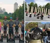 Two individuals are smiling for the camera while riding Segways on a path with the Nashville skyline in the background