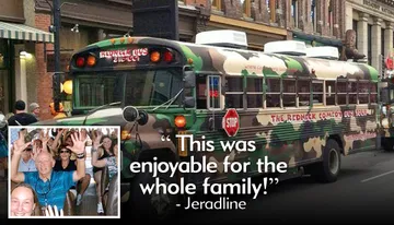 The image shows a school bus converted into 