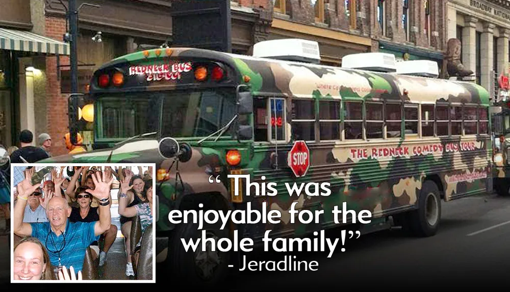The image shows a school bus converted into The Redneck Comedy Bus Tour decorated with a camouflage paint job and a pair of longhorns mounted on the front grille