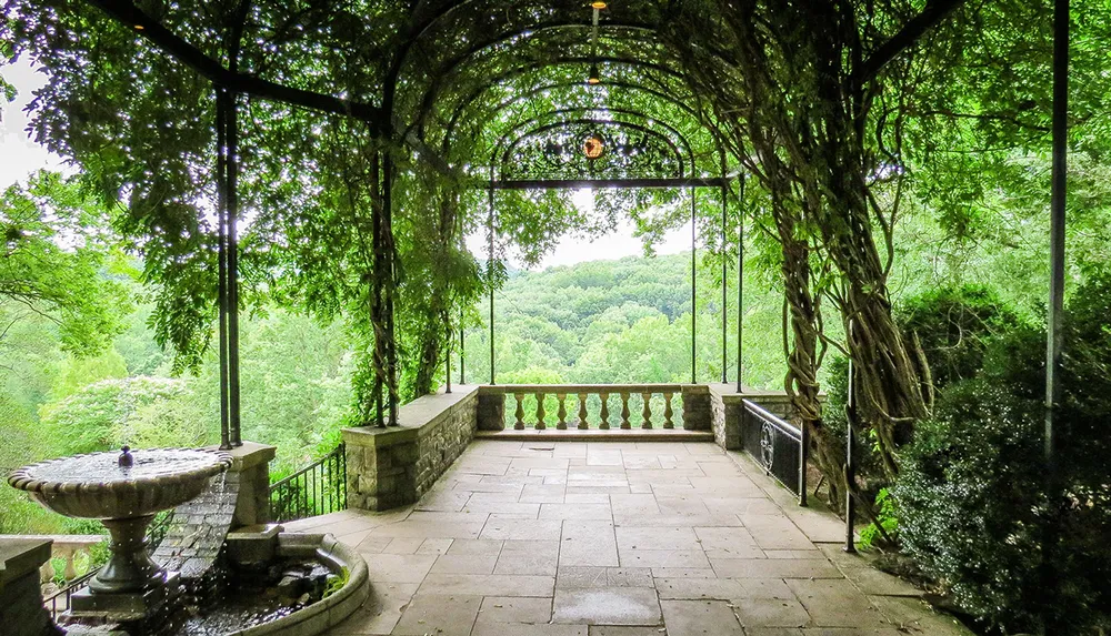 A stone terrace with a vine-covered pergola overlooks a lush green landscape featuring a decorative fountain to the left and ornate balustrades framing the scenic view