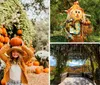 Two smiling children are playfully balancing pumpkins on their heads at a pumpkin patch adorned with numerous pumpkins and autumnal decorations in the background