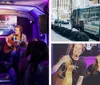 A group of people are sitting on a bus with purple lighting some smiling and clapping suggesting a lively atmosphere