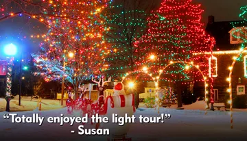 A festive outdoor scene at night featuring trees adorned with colorful Christmas lights and a Santa Claus figure in the foreground, enhanced by a snow-covered ground and a testimonial text overlay attributing enjoyment of the light tour to Susan.