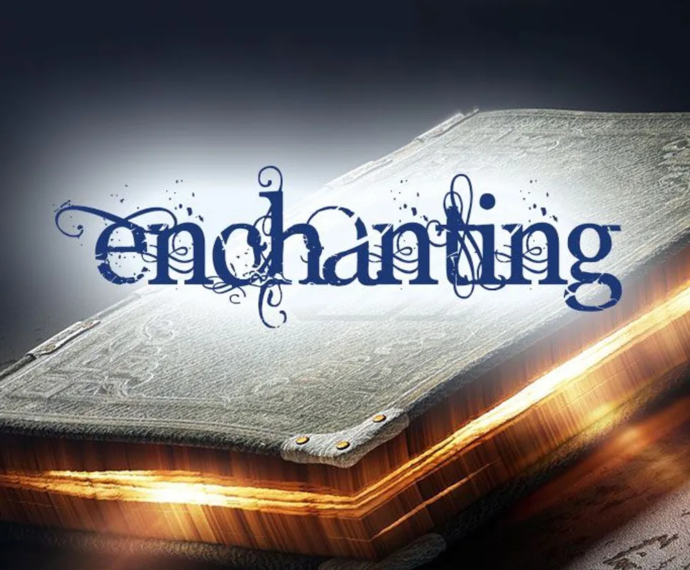 The image features the word enchanting in ornate blue lettering superimposed on a magical glowing book against a dark background