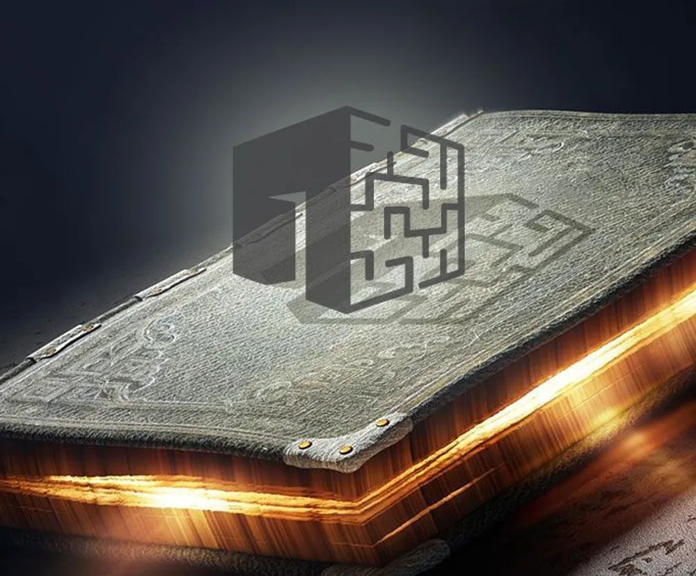 The image shows an embossed leather book cover illuminated from below featuring an impossible cube illusion floating above it