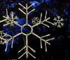 The image shows an illuminated snowflake-shaped decoration against a dusky or evening sky with a silhouette of trees in the background