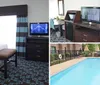 The image shows a neatly arranged modern hotel room with two beds side tables lamps and a framed picture on the wall