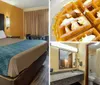 The image shows a neatly arranged hotel room with two double beds an artwork on the wall and a simple decor