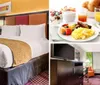 The image shows a colorful hotel room with two beds bright walls and modern decor