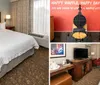 The image shows a neatly arranged hotel room with a large bed nightstands lamps and a window with curtains