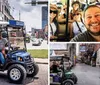 Four individuals are seated in an open-sided branded golf cart-like vehicle advertising tours and beer with an urban street scene in the background