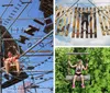 A person is navigating a rope course while wearing safety gear on a sunny day