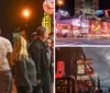 A group of people is gathered on a lively urban night street with neon signs and a sign for Korean Vets Bridge in the background