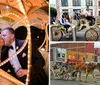 A couple in wedding attire shares an intimate kiss inside a brightly lit heart-shaped carriage structure at night