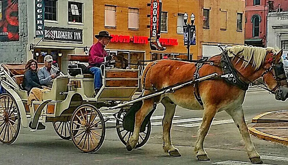 A horse-drawn carriage transports passengers along an urban street with the driver focusing on his phone