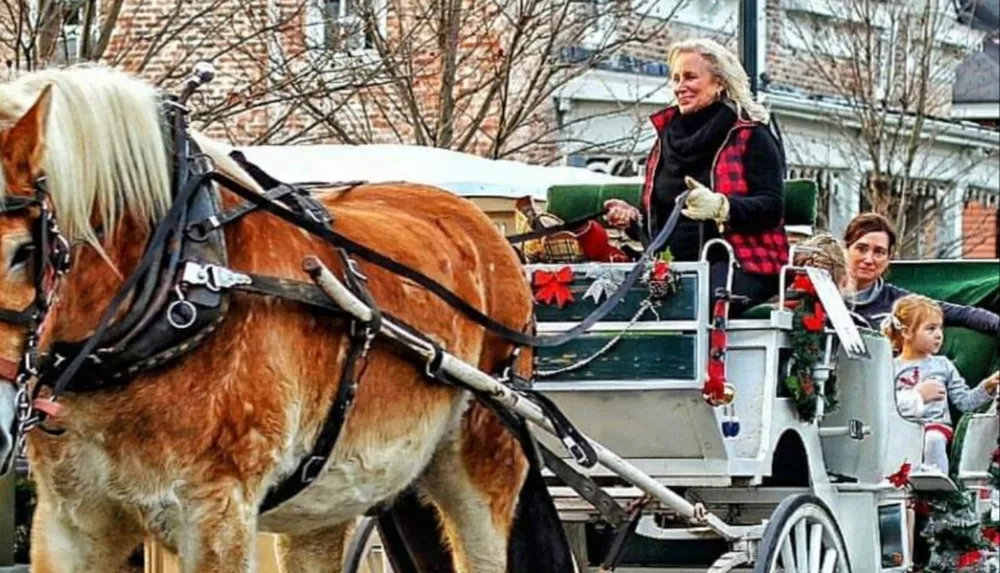 A horse-drawn carriage with festive decorations is driven by a woman in a buffalo plaid scarf carrying passengers including a woman and a young child