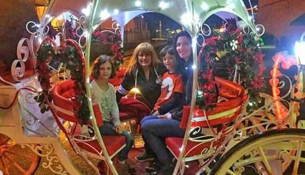 Four individuals are smiling for a photo while seated in a festively decorated carriage adorned with holiday lights and garland