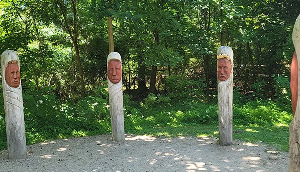 The image shows a series of wooden posts with human faces carved into the top standing in an outdoor setting with a backdrop of trees