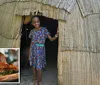A smiling child is standing in the doorway of a thatch-roofed hut