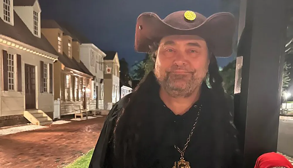 A person is smiling for the camera on an evening dressed in a period costume with a tricorn hat reminiscent of historical attire with colonial-style buildings softly lit in the background