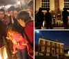 A group of people gather around a lantern at night listening attentively to a person gesturing dramatically likely on a ghost tour