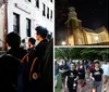 A group of people is attentively listening to a woman who appears to be giving a tour or a talk at night in front of a building with brick walls and blue shutters