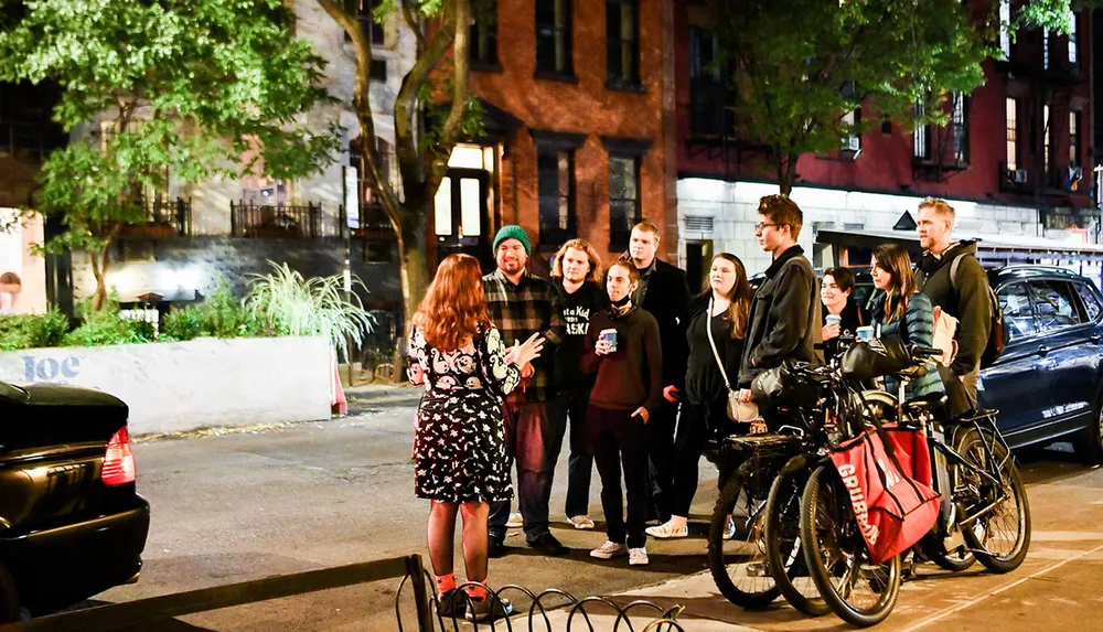 A group of people is engaging in a conversation on a city street at night with some standing by bicycles and a car parked nearby