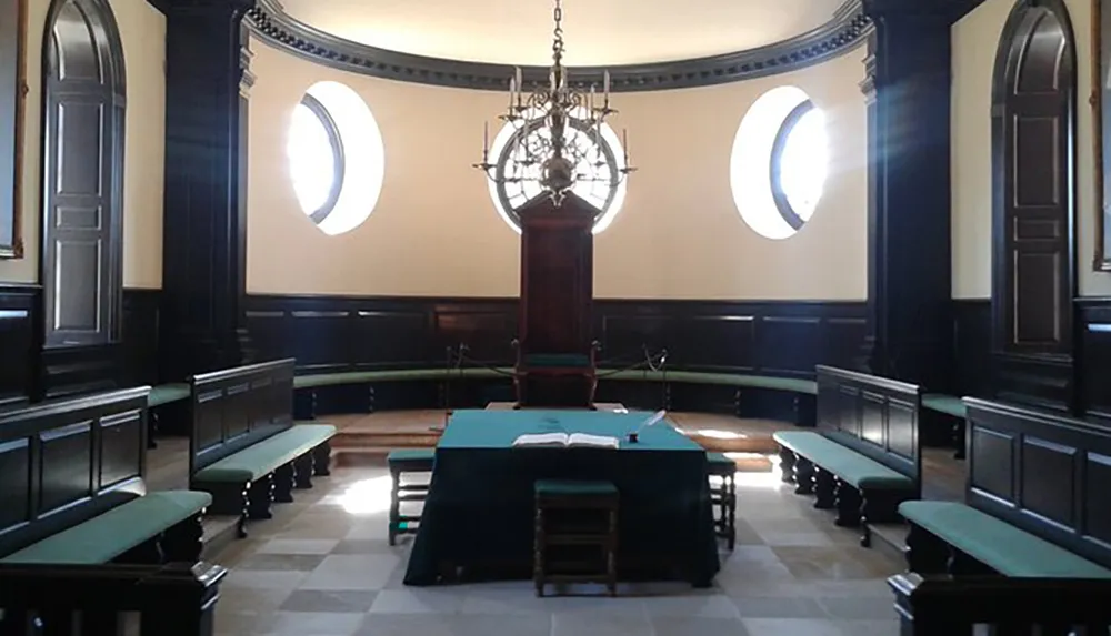 The image shows a grand old-fashioned courtroom with a large central table benches lined along the walls and two round windows providing natural light
