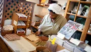 A person dressed in historical attire is working at a desk with documents and various old-fashioned items around.