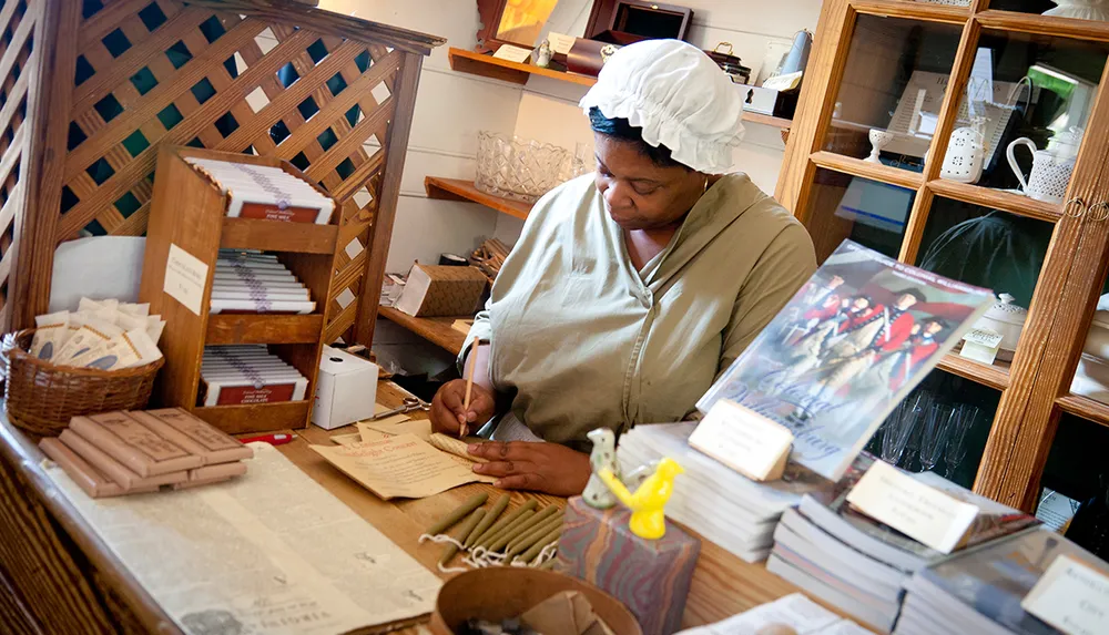 A person dressed in historical attire is working at a desk with documents and various old-fashioned items around