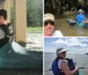 A person is kayaking under a bridge on a calm body of water wearing a life vest and actively paddling