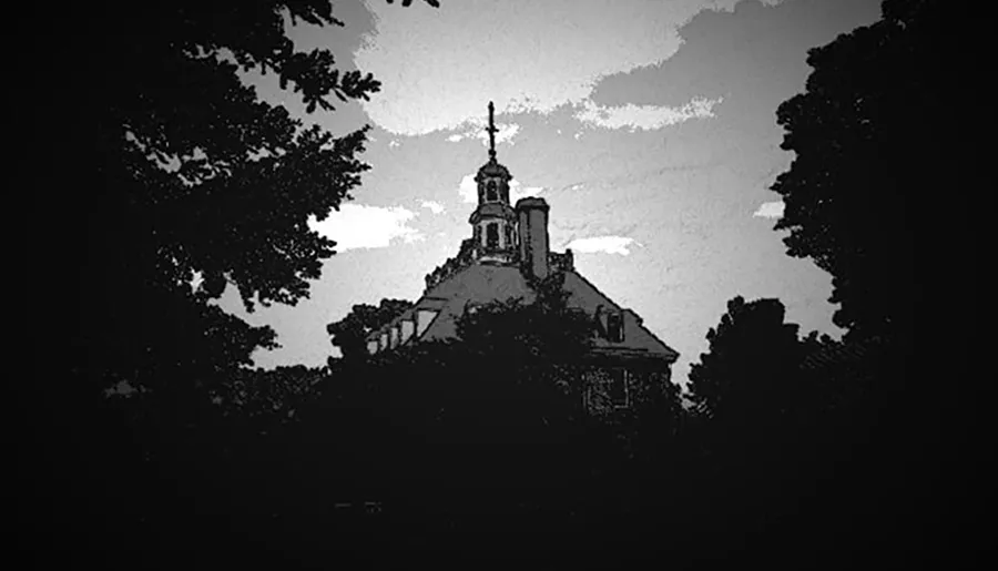 The image shows a high-contrast, black-and-white silhouette of a building with a prominent spire, surrounded by the outlines of trees against a light sky.