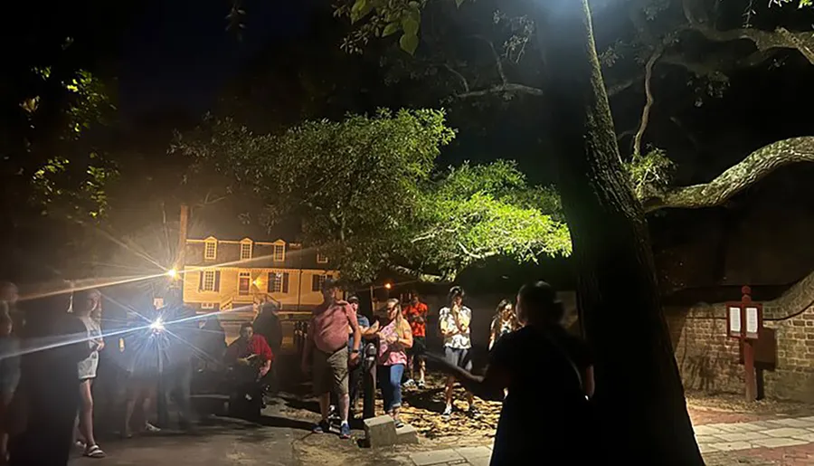 A group of people is gathered at night, possibly on a guided tour, with a brightly illuminated tree in the foreground and an old house in the background.