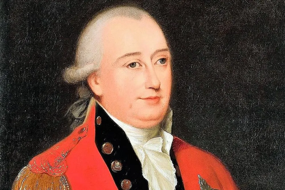 The image features a classical portrait of a man wearing an 18th-century military uniform with a red coat and decorated with golden details