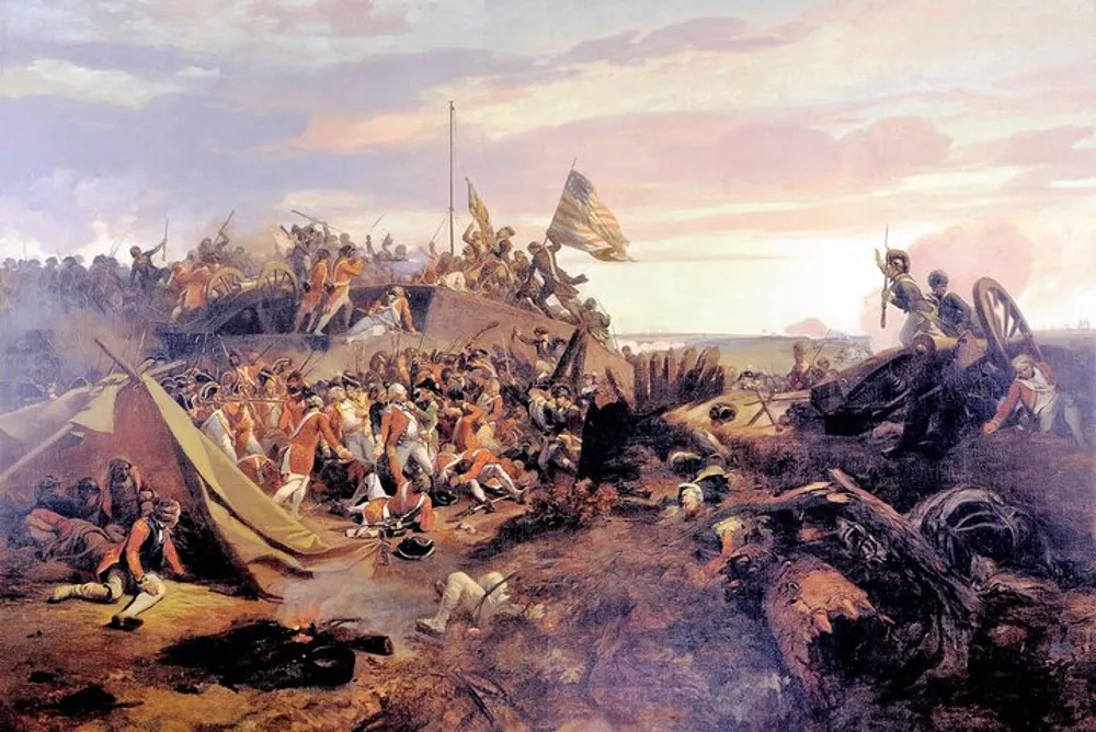 This image depicts a dramatic historical battle scene with numerous soldiers engaged in combat featuring cannons flags and horse-mounted officers amidst the chaos of the battlefield